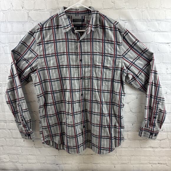 Banana Republic Button Down Shirt Mens Large Camden Fit Burgundy Grey Plaid - Picture 2 of 10